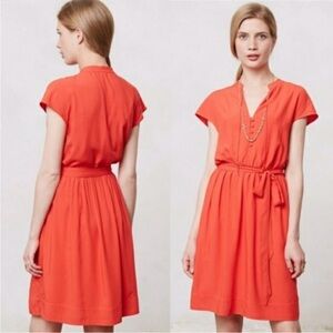 GORGEOUS ANTHROPOLOGIE MAEVE ODILIA  CORAL‎ RED BELTED TIE WAIST SHIRT DRESS EUC